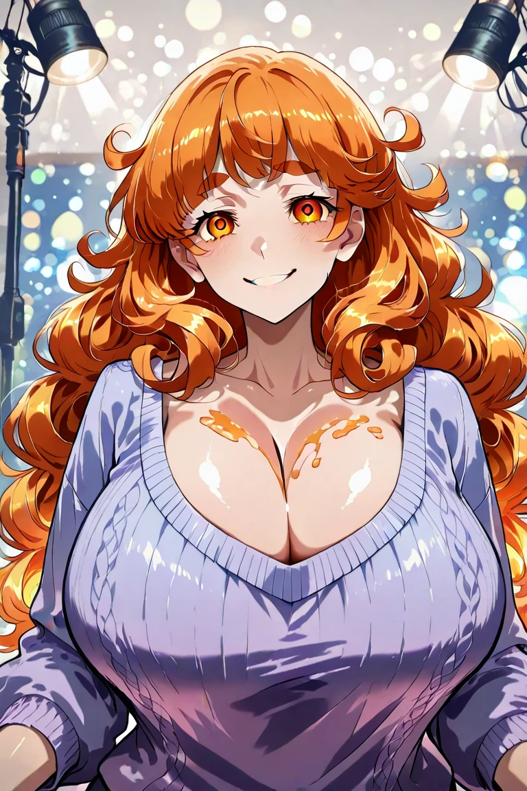 (masterpiece, highres, best quality, vivid), (closeup dynamic face shot:1.2), (solo:1.5), young girl, (smileface:1.3), (huge wide breast cleavage:1.2), orange color hair, curvy, thick, (nude:1.2), shiny clean skin,