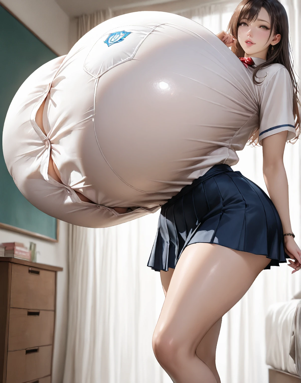 masterpiece, best quality, ultra highres, solo, (skinny body, thin body, narrow hip:1.3), narrow waist, skinny thighs, red eyes, sparkling pupils!, white hair, braid, hairclip, (gigantic sagging breasts:1.3, extra gigantic breasts:2.1), (Extra long leg:2.0) , (skinny long legs:1.5) , (extremely tall:2.2), (school uniform, dress shirt, pleated skirt:1.7 , mini skirt:1.7), short sleeve shirt, sneakers, bow, classroom, cowboy shot, standing, , bashful, full body ,surprised!,from side