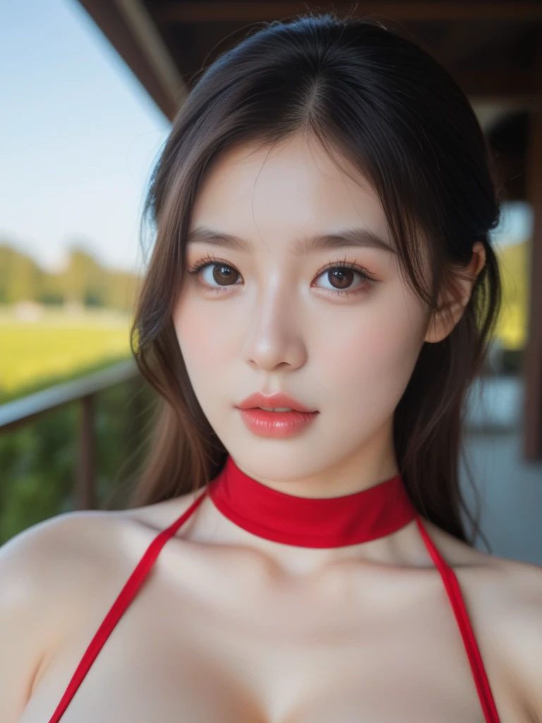 ((Near the huge summer pool)), Real、8k、 ((Anatomically correct)), ((Perfect balance)) , 28 years old、1 female、 A close-up of her face:0.6, Top quality soft lighting, ((realistic perfectly round brown_eye:1.3、Big Eyes、Dripping eye)), (Light pale complexion), ((Detailed pupils:1.4)), (Perfect Makeup:1.3), (Symmetrical lips:1.3)),(Bright shiny red_lipstick:1.35), ((Blue eyelashes: 1.17)), (Very detailed, Beautiful little nose:1.2), (Perfect composition), ((Sunburned skin:1.28)), ((Oily skin)), ((The blackYshirt, The blackチューブトップブラジャー) , The background is simple and blue, The gaze is directed downwards at a low angle、 (((Anatomically correct)))、(Perfect Body Proportions)、(Natural Hands、Natural Fingers、Natural Legs)