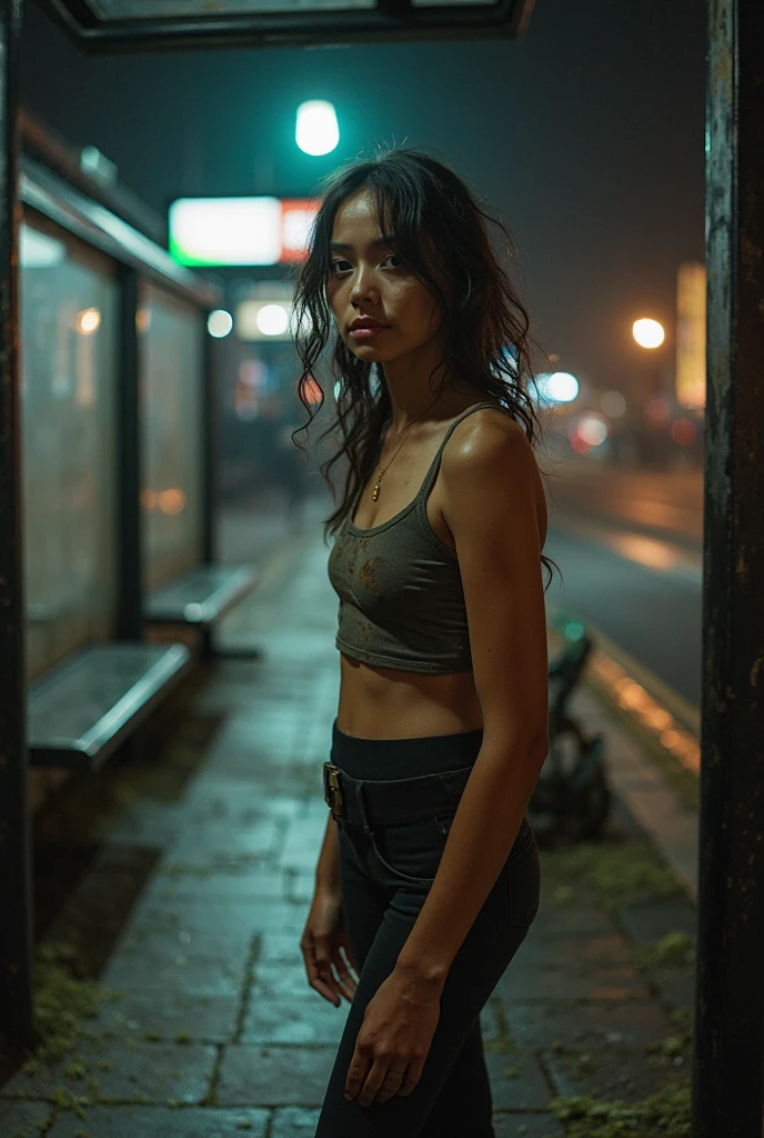 (wide shot, full body best quality, 4k, 8k, high resolution, masterpiece: 1.2), ultra detailed, (realistic, photorealistic, photorealistic: 1.37), 1 girl in the middle of a thick fog: 1.5, hip-hop style outfit, high ponytail, incredibly long hair, cowgirl pose, looking at viewer, leaning forward, by Santiago Caruso,city,car
