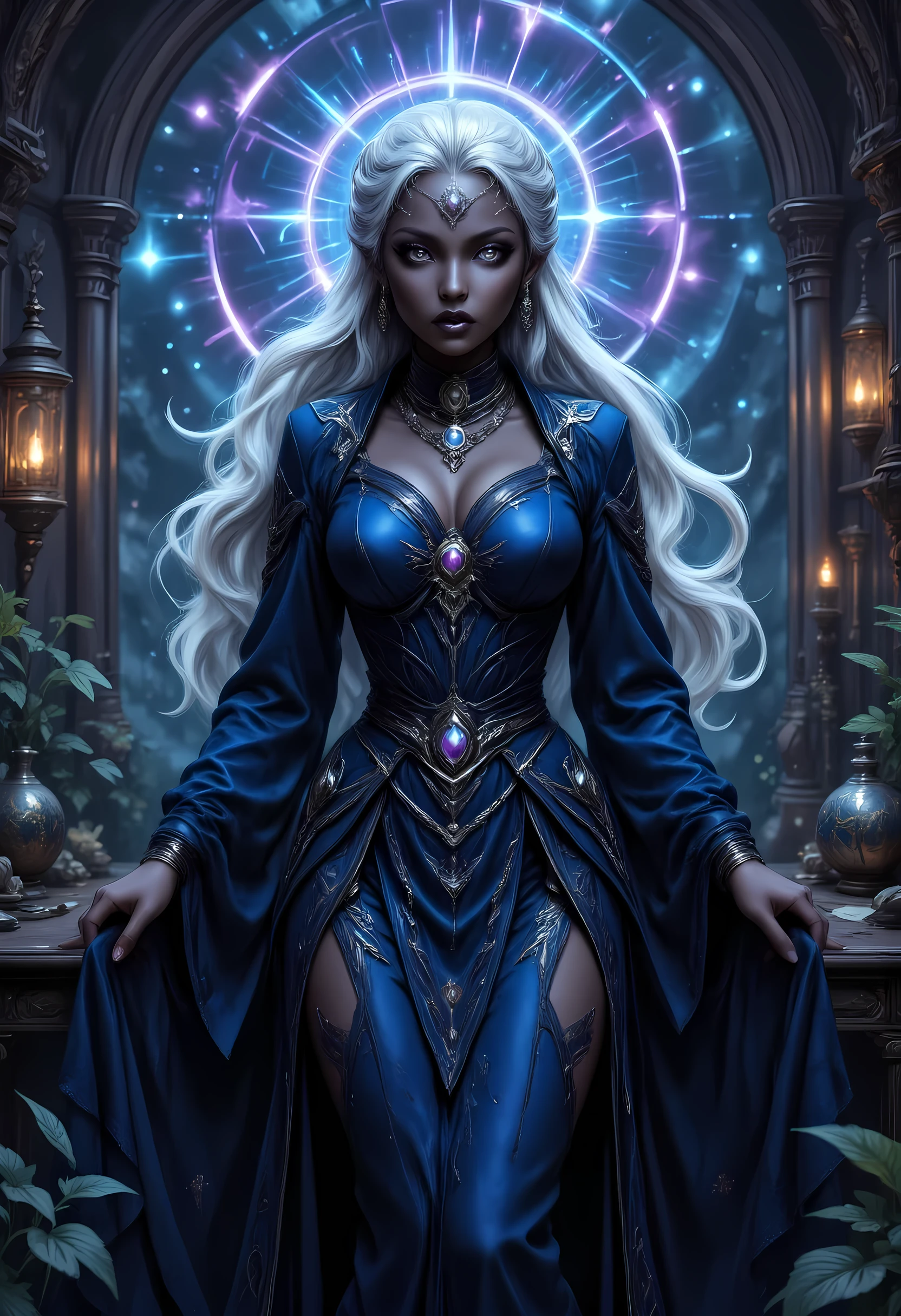 a portrait of female, a female dark elf, drow, wizard, extremely beautiful, black skin, white hair, long hair, pulled back hair, purple eyes, jewelry, chocker, wearing intricate blue dress, photorealistic, fantasy art, RPG art, (ultra detailed, Masterpiece, best quality, fantasy art), magical lab background, fantasy art, high details, best quality, 16k, [ultra detailed], masterpiece, best quality, (ultra detailed), full body, ultra wide shot, photorealistic, fantasy art, perfect face, perfect body zavy-ctcmcs, hyp3rd3tail style