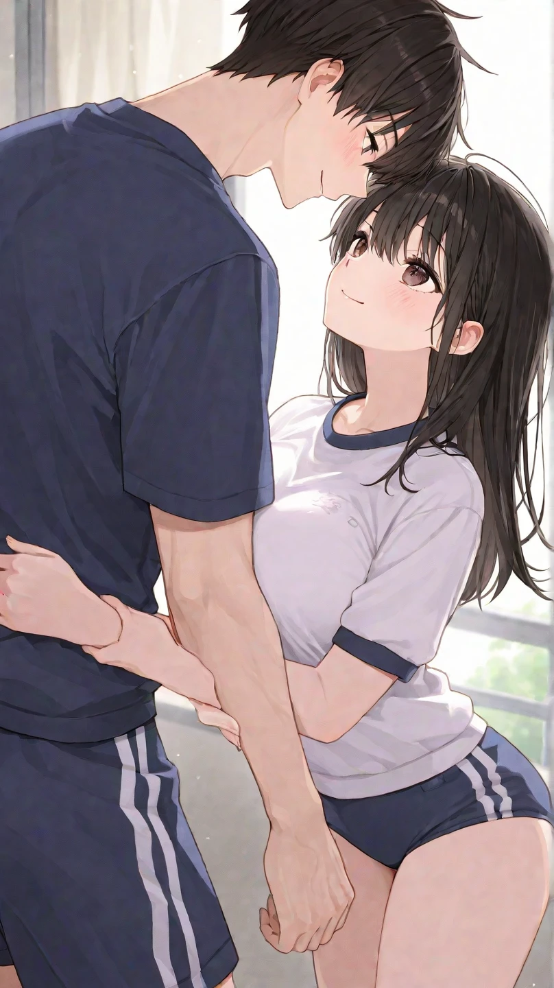 score_9, score_8_up, score_7_up, source_anime, best quality, masterpiece, official art, absurdres, highres, ultra-detailed,waifu2x,Collection: Slice of Life,break,1boy, 1girl, 15-year-old, short hair, black hair, small breasts,  beautiful detailed eyes, well-proportioned iris and pupils, parted lips, beautiful detailed lips, gym uniform, byke shorts, sweat, blush, grabbing another's breast,  grabbing from behind, expressionless, sleepily, trembling, School locker room, indoors,  break,(clear line illustration:1.2),very high resolution, very aesthetic, super detailed skin, Best cinematic lighting powered by famous artist, 8k, beauty illustration,photoshop_(medium),,(Detailed Lighting),best anime 8k konachan wallpaper, pixiv contest winner, 