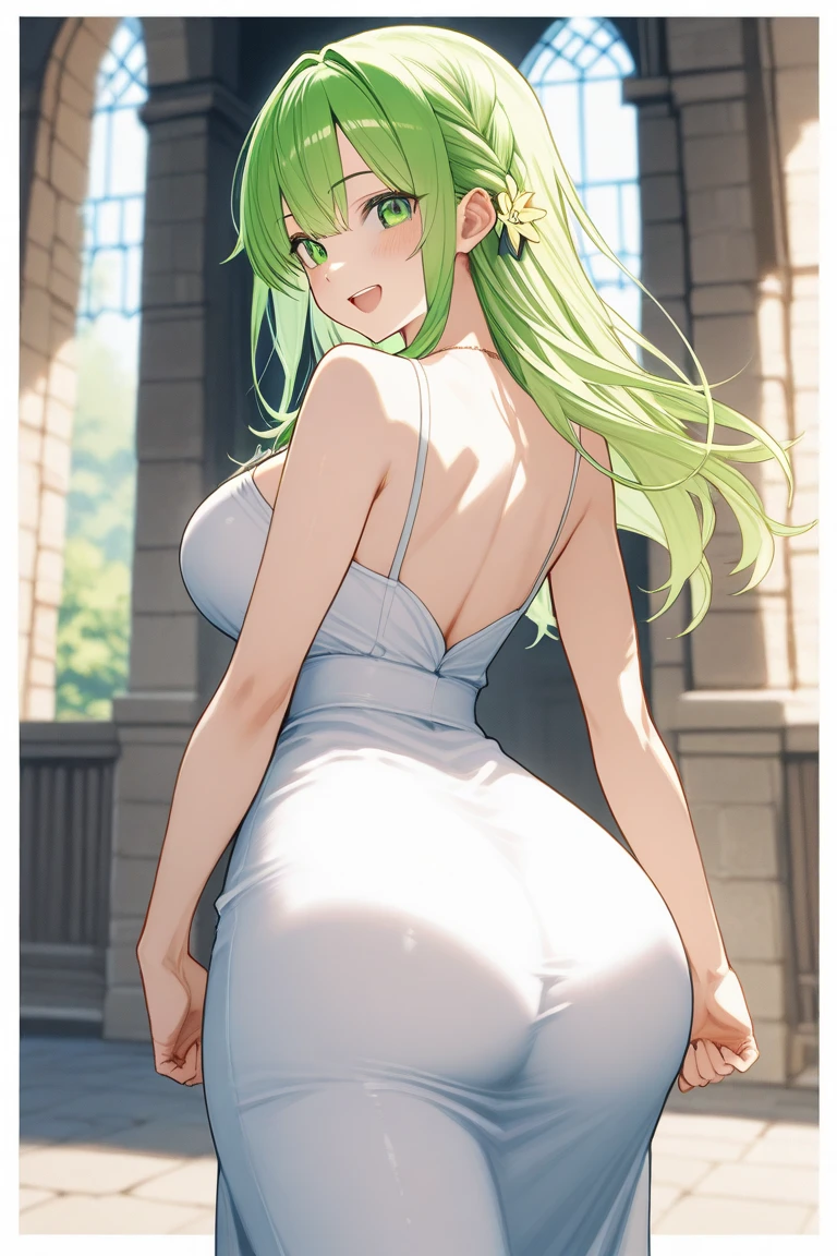 rhea, fire emblem, green eyes, long green hair, seductive woman, wearing crown, white dress, medium size breasts, massive ass, thick ass, view from behind, blushing, smile, bending over to pick up something, pov from above, close to me