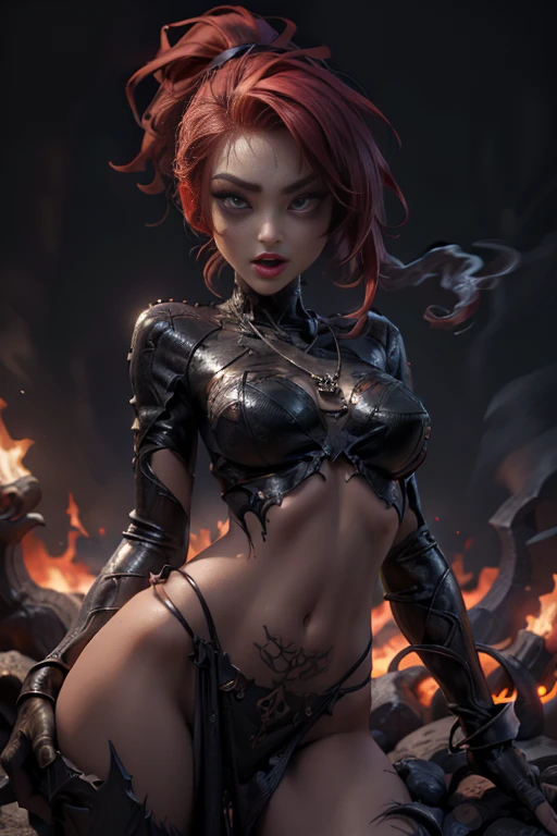 (Punk Gosgram:1.4), (American:1.3), (redhair), Beautiful woman, striking blue eyes, Pose flamboyantly, Silver Jewelry, bondage chain nail spikes, latex shiny, stockings, large chocker, (((Tattoos))), Professional Photography, faded colors, highly detailedskin, Skin defects Freckle moles, Film grain, Fujifilm Polaroid Kodak, Soft natural lighting, Desaturated soft color grading, Soft Focus,, Bodybuilder Abs, Spread legs, (high-heels), (curled up position), Legs raised while sitting on a rock , forest, destroyed stone wall, (a medieval castle), (giger:1.0) , (skinny:1.2), (Petite:1.2), (thin waist:1.2), wearing black shadow kiss mesh babydoll v-top dress, sshe is pale white mediun skin toned, flames in background, standing posing sexy, she has perfect small breast, she has long red ruby hair, she is a emo punk, she is 19- yrs- old, athletic toned body, she is holding a long sword, she has black wings, dark balck eyelyner, black demon eyes, black lipstick, she has a snake tounge, she has largeblack wings