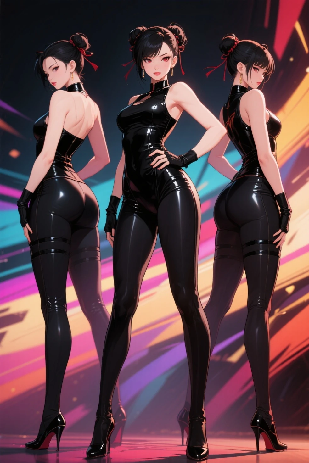 2 women, standing, with seductive expression, loving smile, view from behind, perfect ass, detailed eyes, pose sexy, long dark crimson hair, his super detailed glowing eyes, Full lips painted red, chiseled physique and wide hips. He wears a closed black leather jumpsuit., whose shiny surface accentuates its shape. Walking on a sunny beach, This image oozes realism., capturing the essence of a fragile figure. digital art, photorealistic and high definition technique
