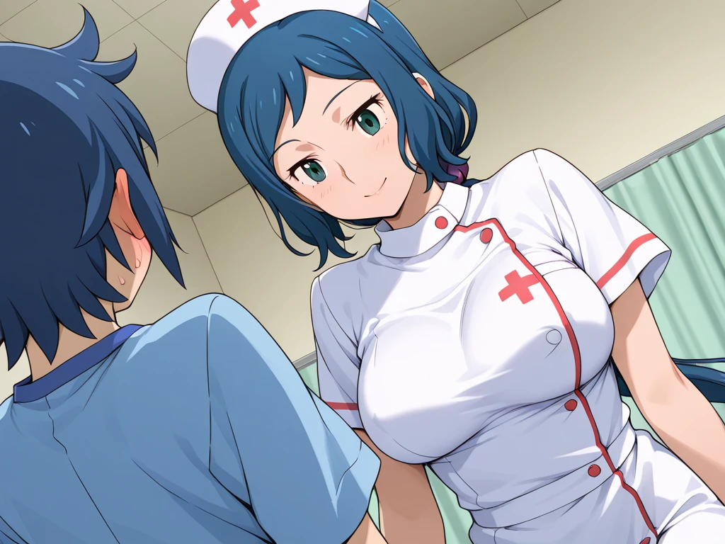 NSFW, masterpiece, (best quality: 1.2), long hair, blue eyes, green hair, worns, big breasts, evil_smile, sexy, ((NURSE)), red lipstick, fishnet stocking,, ((boy groping woman's big breasts from behind)), 1boy