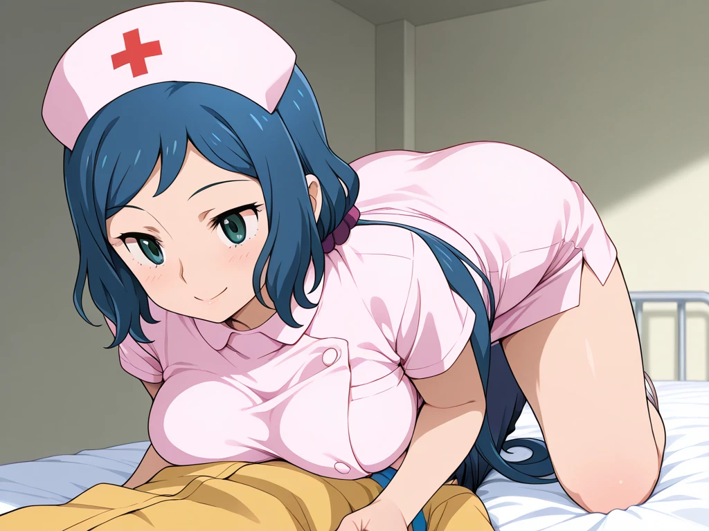 NSFW, masterpiece, (best quality: 1.2), long hair, blue eyes, green hair, worns, big breasts, evil_smile, sexy, ((NURSE)), red lipstick, fishnet stocking, ((seducing a boy)), breast-feeding, 1boy, boy touching woman, boy groping from behind, patient taking nurse
