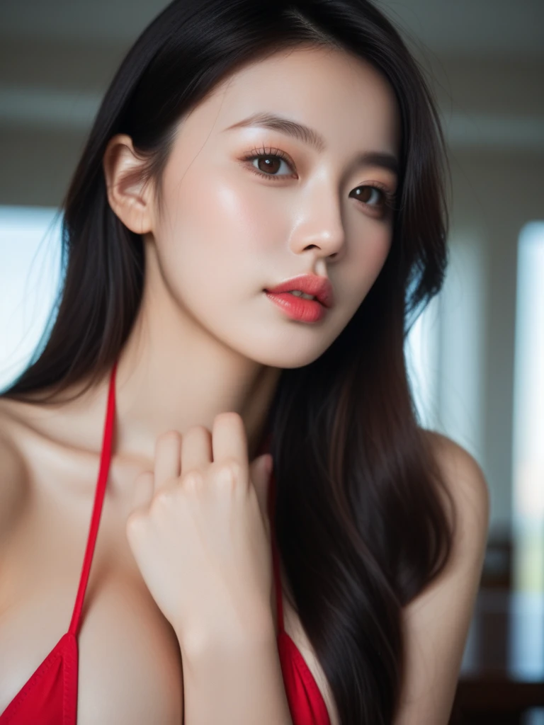 20 year old girl, sexy model, red theme, long hair, high contrast (Natural skin texture, Hyperrealism, Soft Light, sharp), portrait, standing, kpop