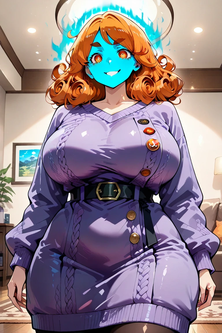 ((masterpiece:1.2)), best quality, ((extreme detail)), (official art), (ultra-detailed), anime screencap, extremely, detailed, (CG), 3d, unity model, 8k, wallpaper, hex maniac, hex maniac(pokemon), 1girl, solo, hotel, sitting, open mouth, smile, (eating), food, (full body view), (huge breasts), wide hips, (long sleeved turtleneck sweater dress), purple clothes, taut dress, embarrassed, purple eyes, cowboy shot, crazy eyes, (shaded_face:1.3), anime, bursting breasts, wrinkles in clothes, sweat, ((plump)), thick thighs, flustered, (blush),