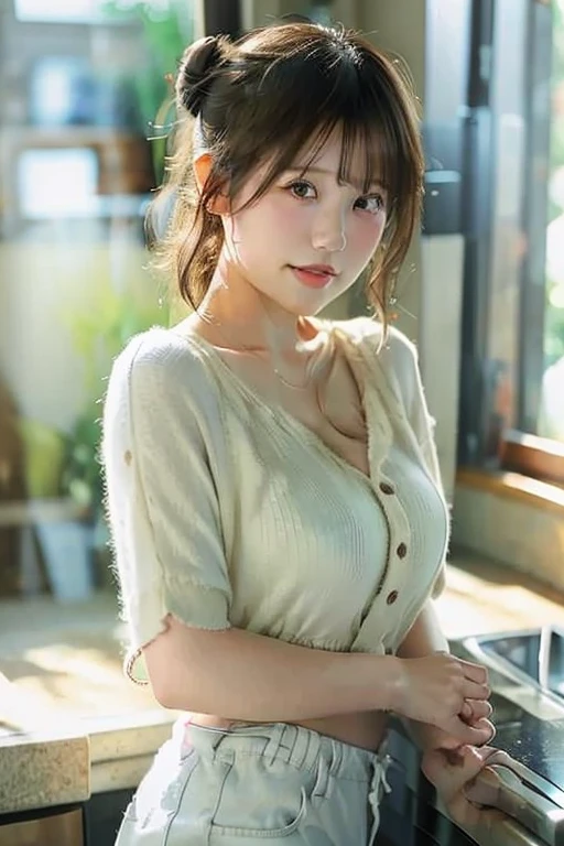 extremely detailed CG unity 8k wallpaper, best quality, ultra-detailed, masterpiece, realistic, photo realistic, extremely detailed cute girl, 30years old, secretary, large breasts, blush, parted lips, (casual shirt), (cleavage),  (panties under pantyhose), sit on the kitchen table ,half body shot , forehead