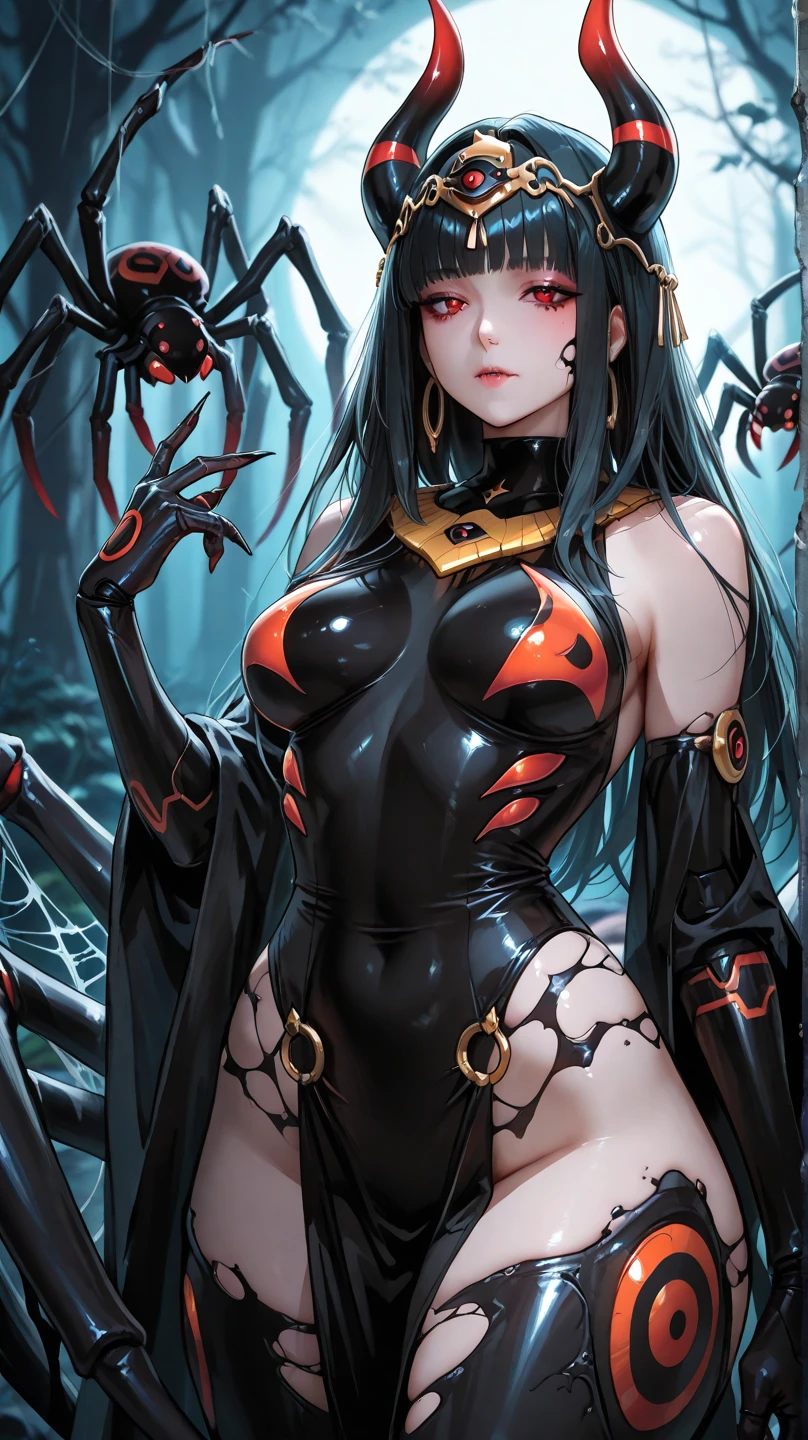 chica anime sexy (big breasts, huge breasts, heavy breasts) with long black hair and red eyes, Aracne, pale skin, dark goddess, Aracne, Gothic Maid Anime Girl, Spiders!!!!, Aracne, aracnofobia, with glowing red eyes, Aracne, jorogumo long shot, Aracne, anime monster girl, Aracne, violet Spiders, Spiders