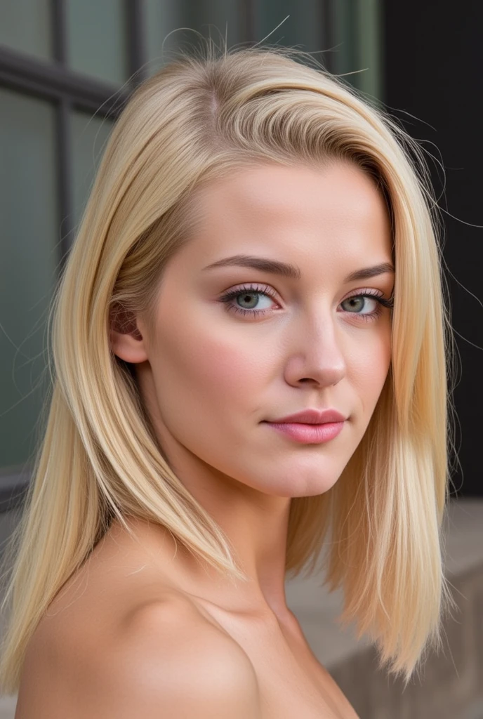 , in ponytail, standing in front of a red brick wall, (closeup), cleavage      al3xa-001