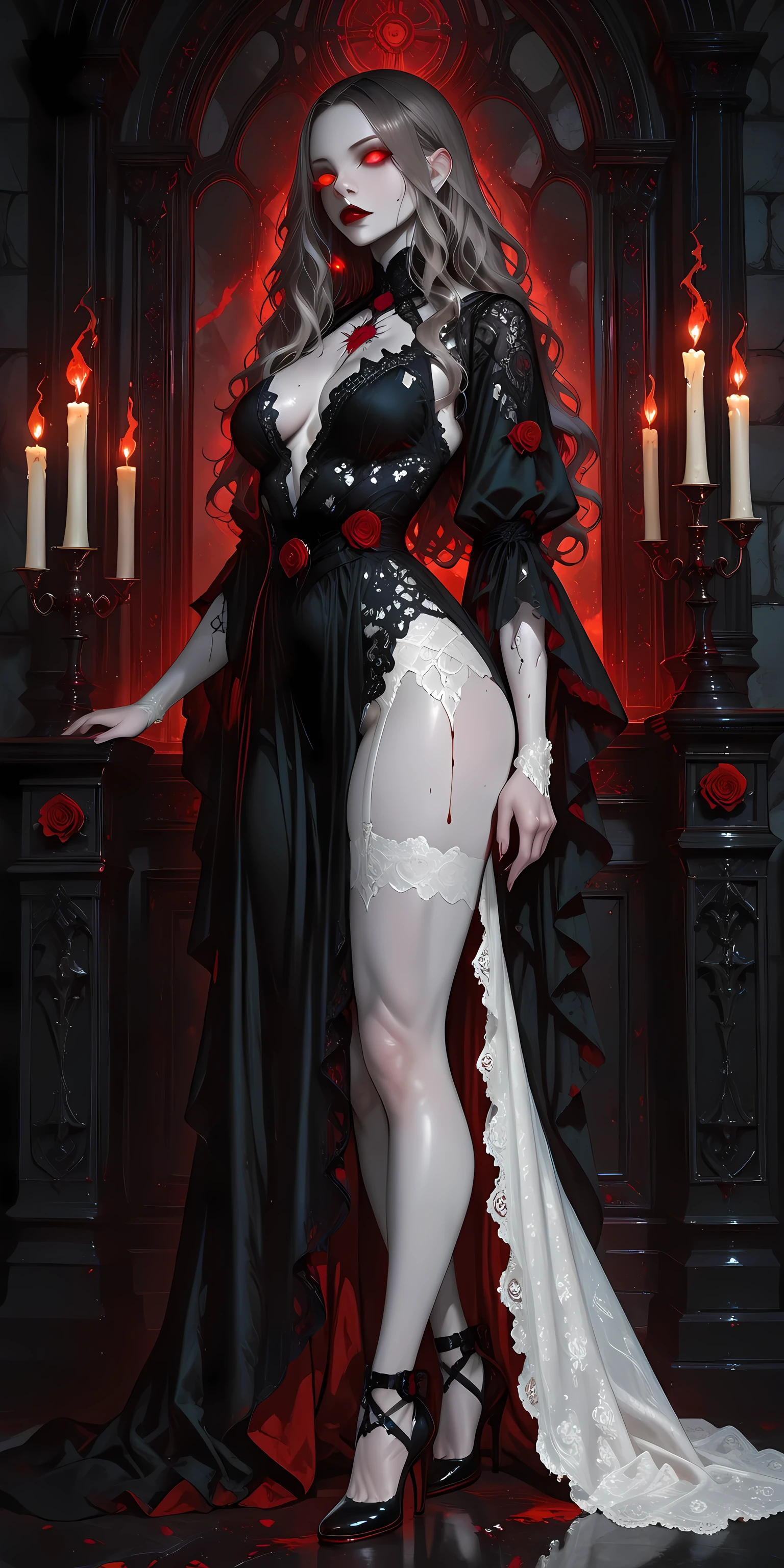 (sitting, crossed legs:1.4),((ultra realistic illustration:1.2)),(dark fantasy:1.4), (seductive). In a ornate bed chamber. Beautiful vampiress. long black hair, red eyes, ((very pale:1.4)), beautifully fit figure, natural perky breasts. Blood red lipstick, long sheer gown, .Masterpiece, (highly detailed:1.2),(detailed face and eyes:1.2), 8k wallpaper, natural lighting. core shadows, high contrast, bokeh.