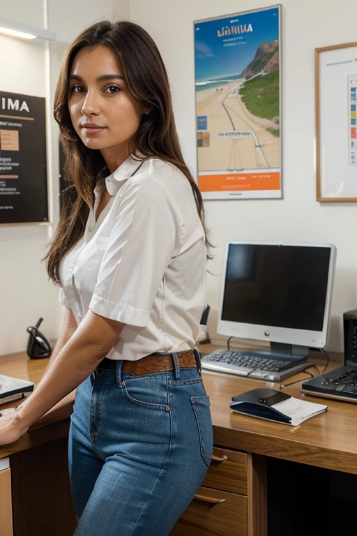 beautiful middle-aged American woman standing in the office, studio photo