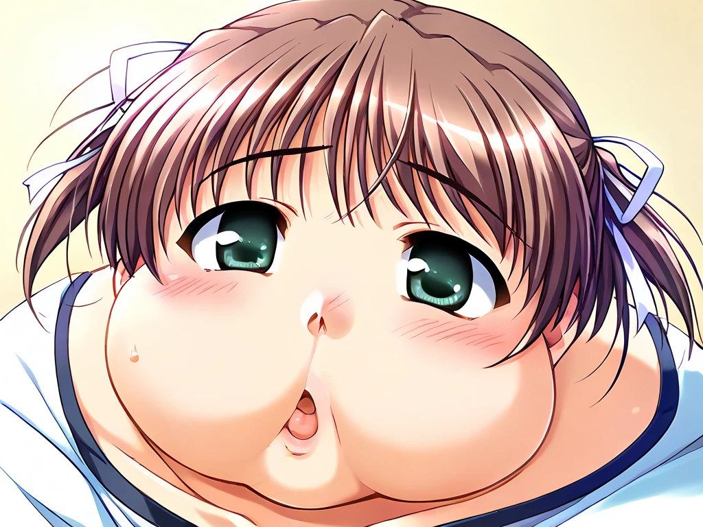masterpiece,highest quality,MARUI MITSUBA,brown eyes,brown hair,hair ribbon,short twin tails,mitsudomoe \(shape\),(completry nude:1.4) ,(Loli kid),(pregnant:0.7),blowjob、cum,cum on pussy,