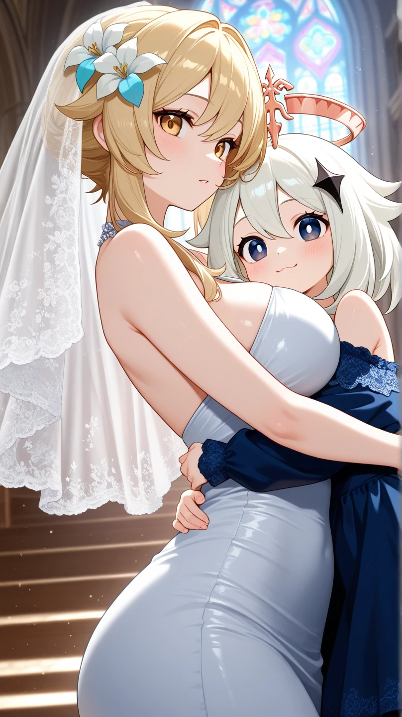 in the luxurious bedroom, (from above, over looking), BREAK masterpiece, best quality, extremely detailed, illustration, 8k cg wallpaper, stunning art, absurdres, nsfw, POV, 3tongues perfect crawling on same 1penis completely, glans sandwiched 3tongues completely, perfect 3girls surrounded viewer, wedding dress, cooperative_fellatio, (saliva trail), tongues out to penis, face focus,