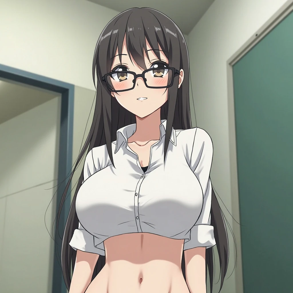 ((best quality)), ((masterpiece)), solo, 1girl, brown dark skin, black glasses, white hair, long hair, straight hair, [forehead], (slicked back hair), nude, nipples, black eyes, , girl, large breasts, delicate beautiful face, black eyebrows,