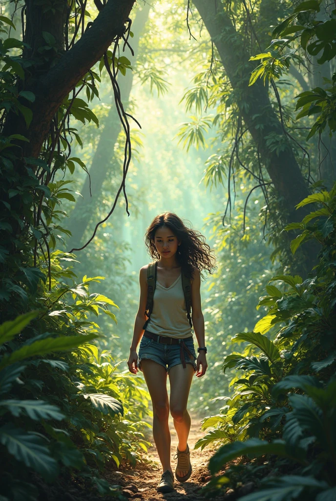 Movie poster, with the art of 80s movie posters, 80s art, a jungle adventure, a valley in the jungle, about some explorers, reaching the valley, where they meet, prehistoric animals and dinosaurs.
