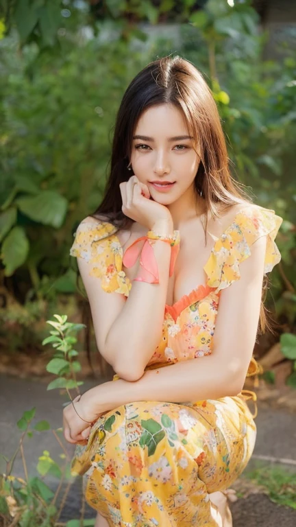 (Masterpiece:1.4), CG Unity 8k walpaper, ((Realistic: 1.2)), Ray Tracing, k, Beautiful 18 years girl, Asian realistic girl, Ultra Realistic, ultra HD, high detail，8K resolution，ultra high resolution, cute girl，The ponytail, long Hair，earrings，necklace，Colorful clear eyes，smooth hair，Exquisite and perfect with the most beautiful facial features and big eyes，Long eyelashes，(Smile)，field，Ultimate picture quality，(Standing in front of cosmos flowers field), ((Upper body shot)), ((luxury Yellow salty dog Dress: 1.2)), [(4 different Poses),(pose 1: Grab hair with both hands, tighten tummy to lift hips,stand side ways),(pose 2: strech your arm,hand on hip, tighten tummy and lift hip),(pose 3: tilt head to smile,put arm behind back,place arm side by leg),(pose 4: title your head to smile,put your hands naturally by your side,stand side ways)], (Detailed poses), (Detailed Dress), (detailed background) , Beautiful human real fingers, beautiful human real hands, Real human natural skin, Pine trees, big flower plants fields, Young perfect breasts under the dress, 
