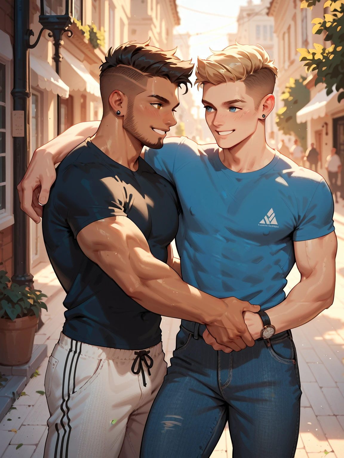Sexy hot teen guy with a mischievous smile and tanned body wearing a hoody, fit ripped pants and boots is sitting on another boy's back who is crawling on all fours and carrying him at a public park