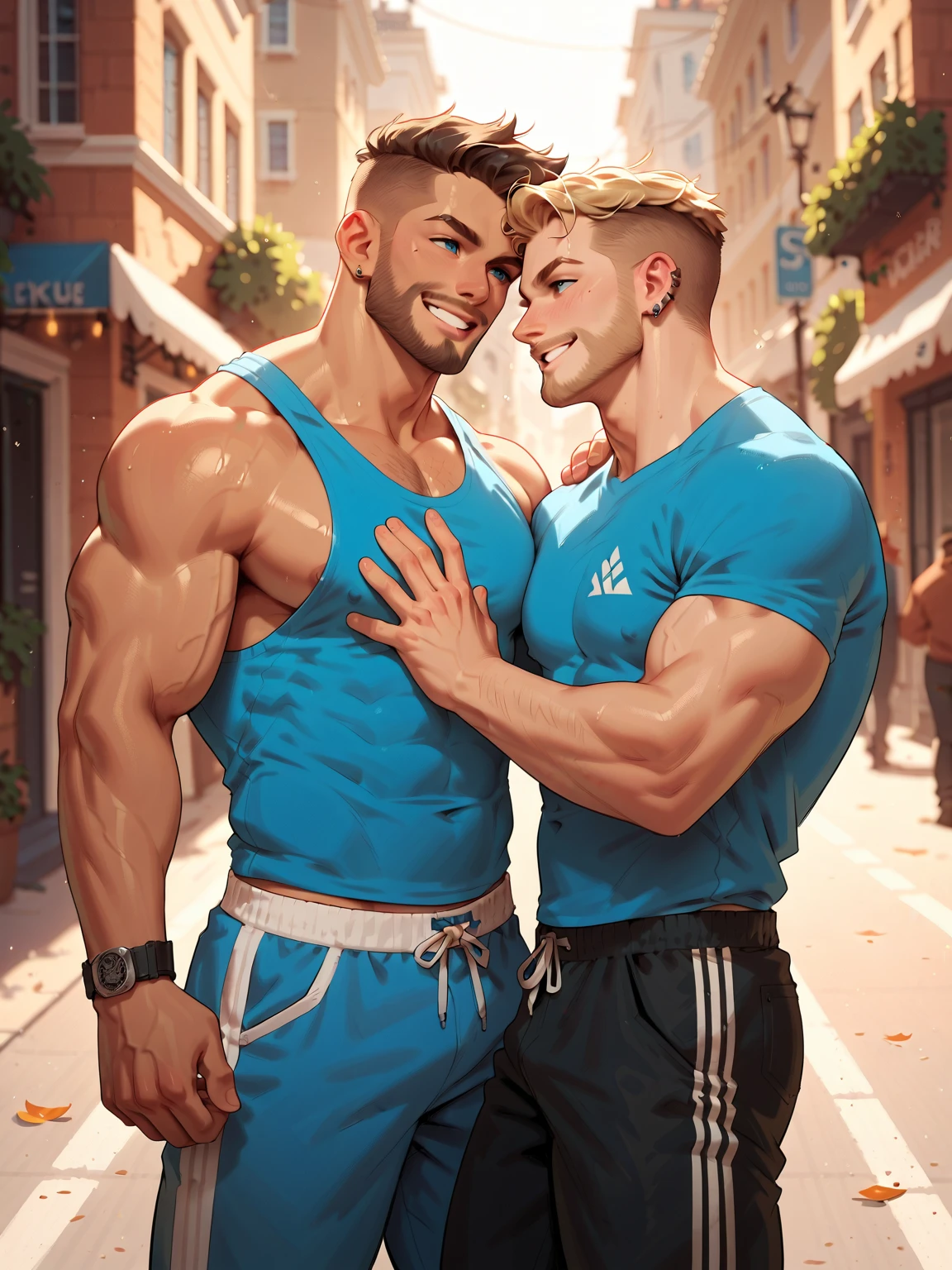 full view full body, 2 different white european over-muscular young handsome gay cowboys, with undercut fresh haircuts, wearing both old tattered jeans and rainbow socks, No Shoes, and gay styled rings, bracelets, chains and necklaces, embracing very close each other, pecs are touching, front very old farm in middlewest, they both show their nice rainbow socks