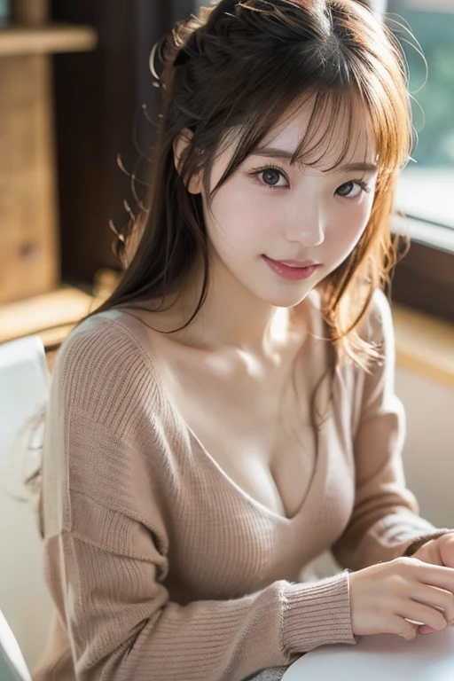 (naked:1.5), 2 girls, 17yo, Beautiful breasts, Beautiful nipples, Tabletop, highest quality, figure, Very detailed, In detail, High resolution, 8k wallpaper, Perfect dynamic composition, Beautiful fine details, wearing a light pink sweater, ponytail,Brown Hair Color ,Small breasts, Natural color lip, Random sexy poses,Random Situation,Slender body,Narrow Face,Big smile