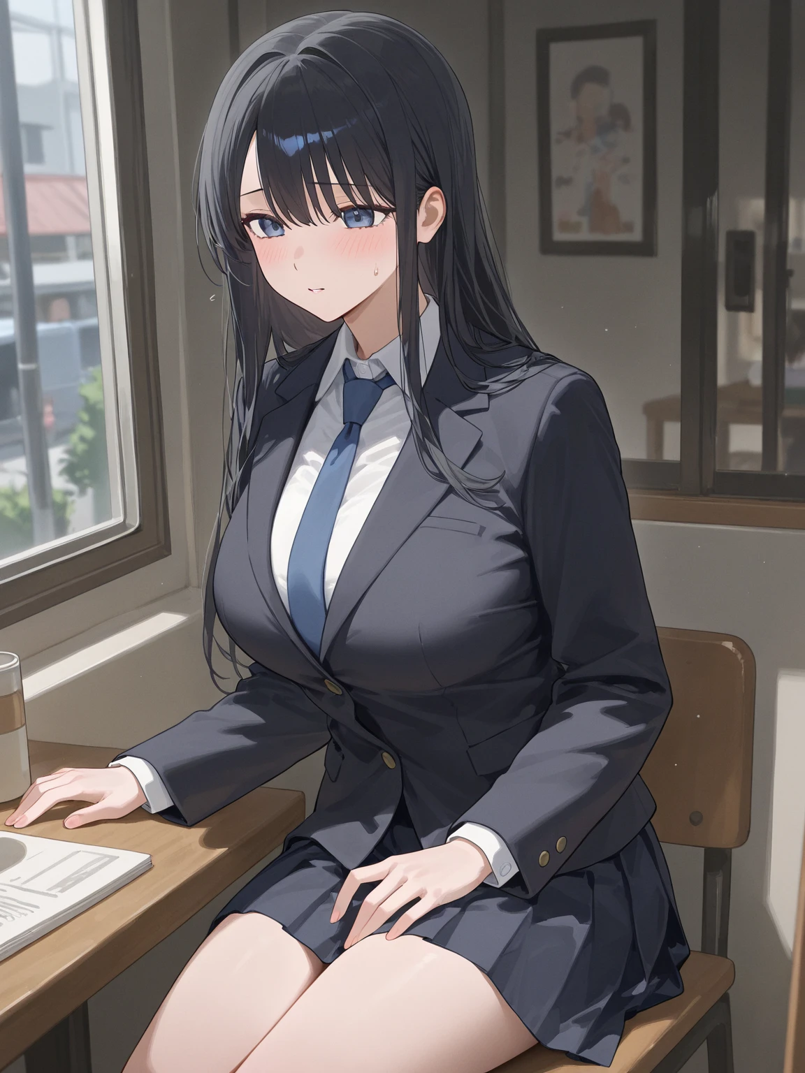 Spring 4321((highest quality)), ((masterpiece)), (detailed) One girl One girl, ;\), Blurred, Blurred_background, chest, , hair_Ponytail Ribbon, logot iting_in_Audience, got it_sign, One_eye_Closed, Open_hand, yukinoshita yukino ,Woman in formal clothes, An intractive coin stands in a large gap in the room , One girl, solo, Blue tie, Black hair, eyes blue, long hair, smile , Collared shirt, White pants, White shirt , Elegantly designed coin , Stand in front of a window ,Perfectly tailored tailcoin. It has a stunning Victorian design and is made of lustrous fabric