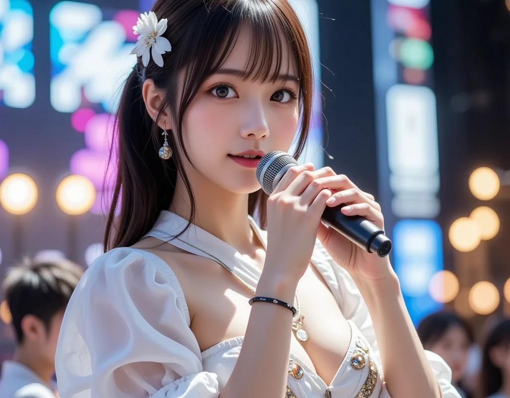 highest quality,photo quality,8K,ultra high resolution,professional lighting,20-year-old,(cute),,thin face,detailed face,(short bangs),big breasts,(white dress:1.1),look at the audience,perfect hands,