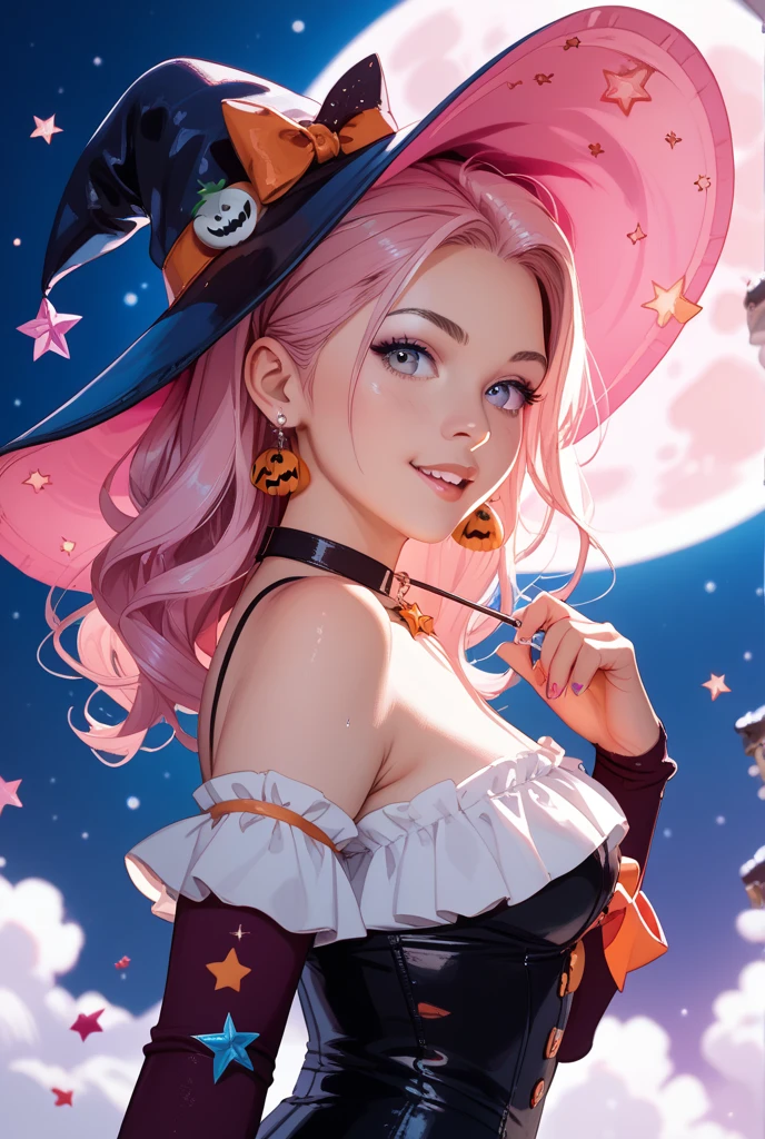 Curvy witch with a hrand hat carrying a magic wand in a background of pink cherry tree and full moon