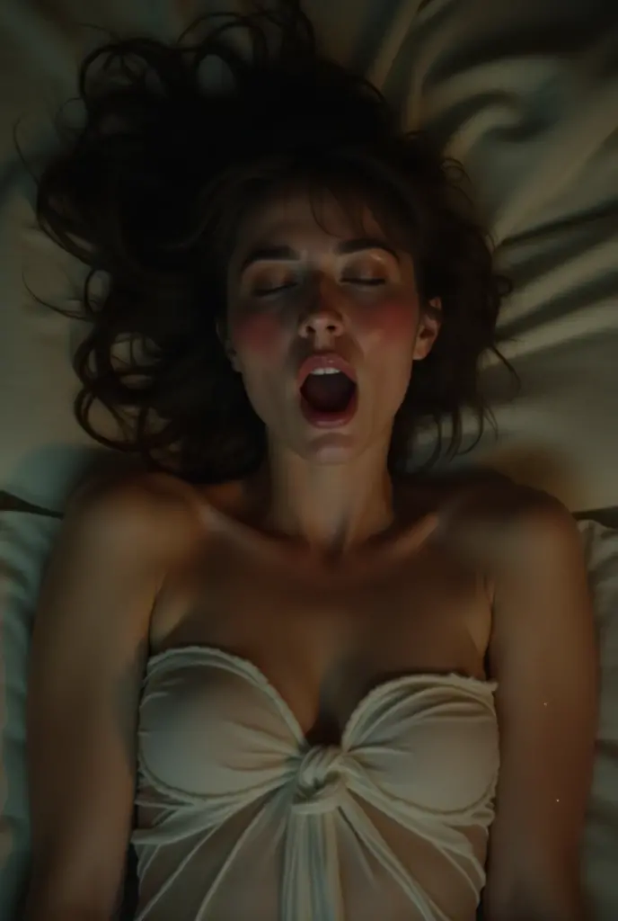 Linda Blair as a teenager, wide open eyes looking for us, nude, wears a necklace with a red diamond, squirting hard, Long brunette hair, double vaginal fucked by a zombie, orgasm face, fuck angry, in the bedroom of a haunted house at night