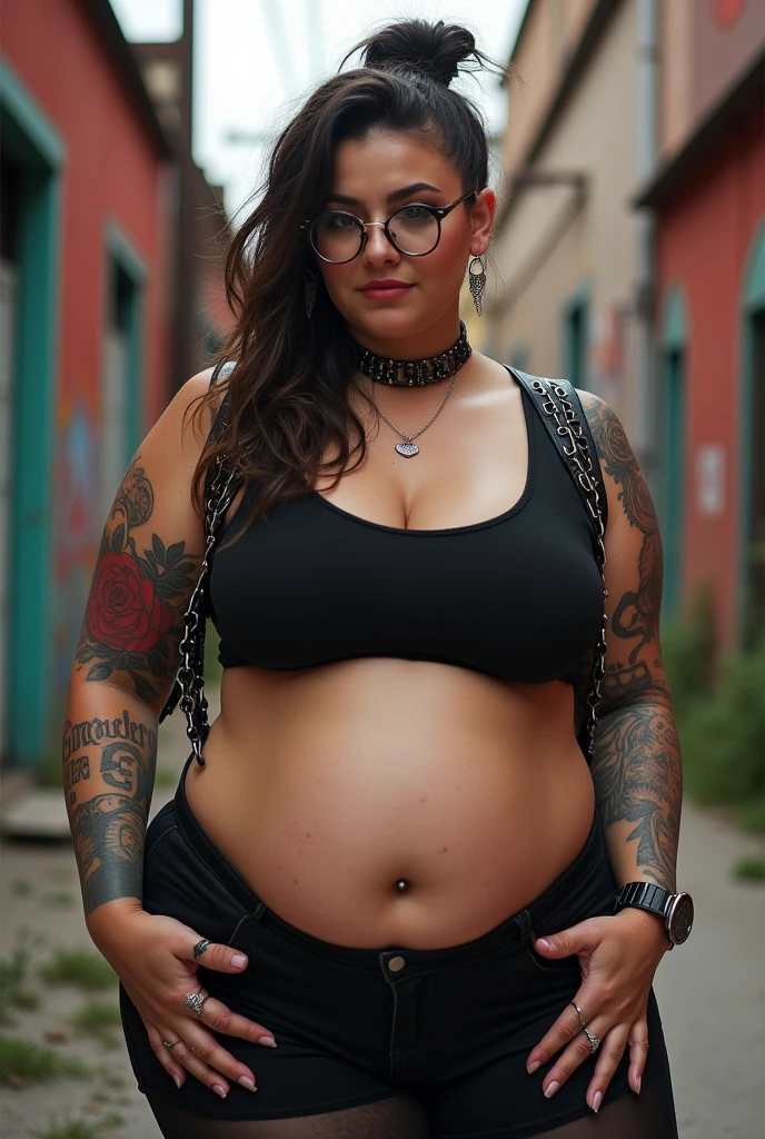 (((morbidly obese girl))), ((obese body)), (((SSBBW))), nude breasts,big round belly, many American traditional tattoos, silver hair, skimpy short-shorts, 4k, highly detailed realistic image