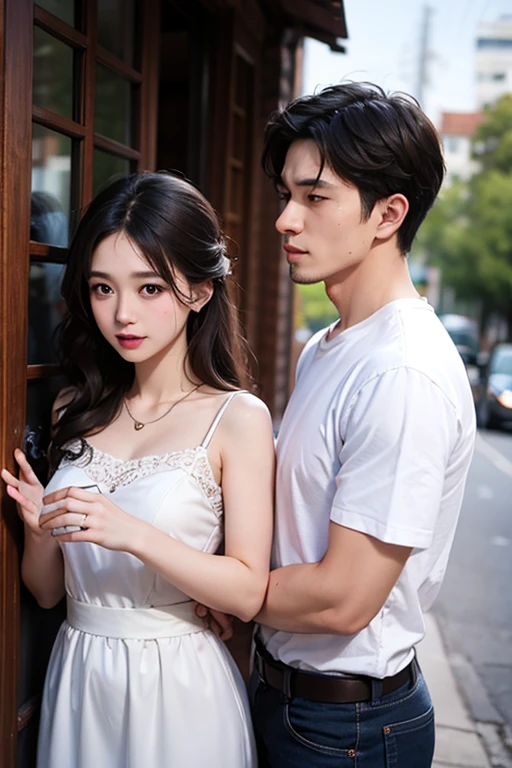 masterpiece、highest quality、Official Art、Man Attacking、Woman riding man、Highly detailed CG Unity 8k wallpaper、like 、Very delicate and beautiful、超A high resolution、(Photorealistic:1.4)、Golden Hour Lighting、(Upper body)、(Platinum Short Hair:0.8)、(Puffy eyes)、Looking at the audience、Facing forward、Laughter、jk skirt、White Dress、Shirt lift、Bans、Brown hair with wavy endan holds woman's chest