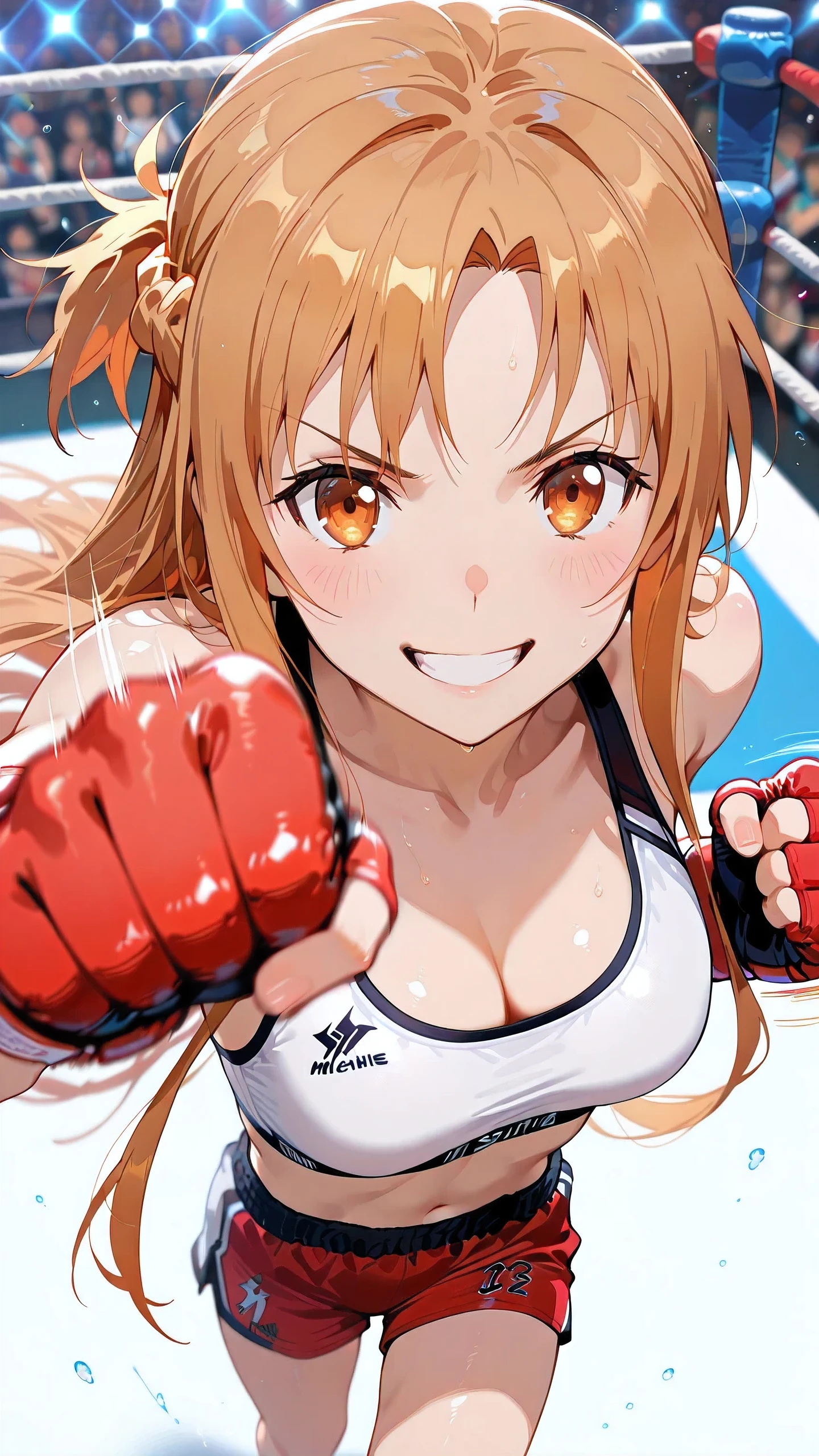 asuna_\(sao\), long_hair, solo, Detailed eyes, white sports bra, red low leg and low rise small spats, red fingerless gloves, thigh, cleavage, slim long legs, medium breast, grin, looking at viewer, Detailed eyes, Detailed face, portrait, from above,

looking at viewer, punching, clenched hand, motion lines, motion blur, M4gicalL1nes,

boxing ring, spectator seats, (depth of field).