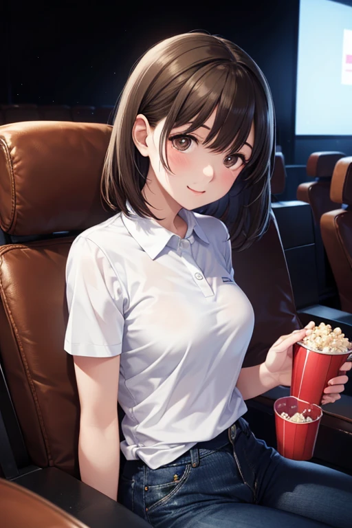 1girl,solo,cute,smile,black hair and long hair,,after school,in theater,in theater room,she shitting a theater seat,she watch a movie,she have a popcorn bucket