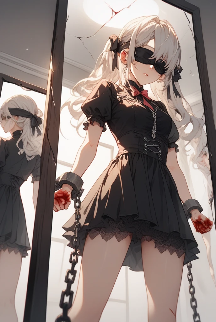 2b, arms behind head, long_hair, looking_at_viewer, thighhighs, bow, bound, bdsm, bondage, rope, restrained, gag, shibari, bound_arms, ball_gag, shibari_over_clothes