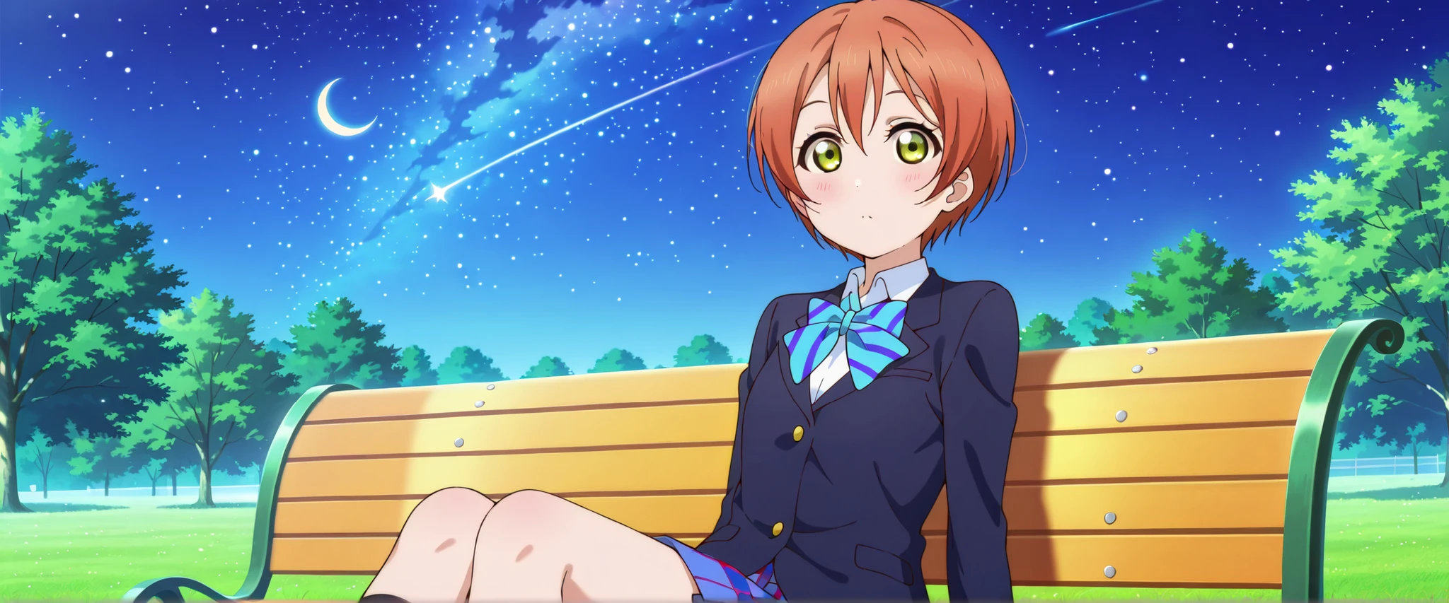 1girl, hoshizora rin, striped, short hair, blush, otonokizaka school uniform, lovelive_rin black blazer, blue plaid skirt, blue stripe bowtie, orange hair, very short hair, hair between eyes, yellow green eyes,crescent moon, stars (sky),looking at viewer,outdoors, sky,grass,tree,sitting on bench
