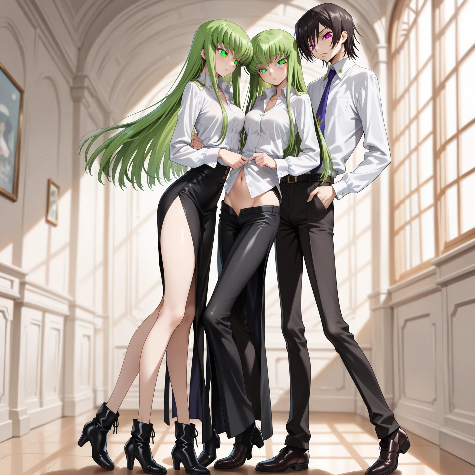 A tall, big-breasted young woman with lots of black pubic hair, long light green hair, light green eyes, wearing a black suit, a short office skirt, and black high heels.