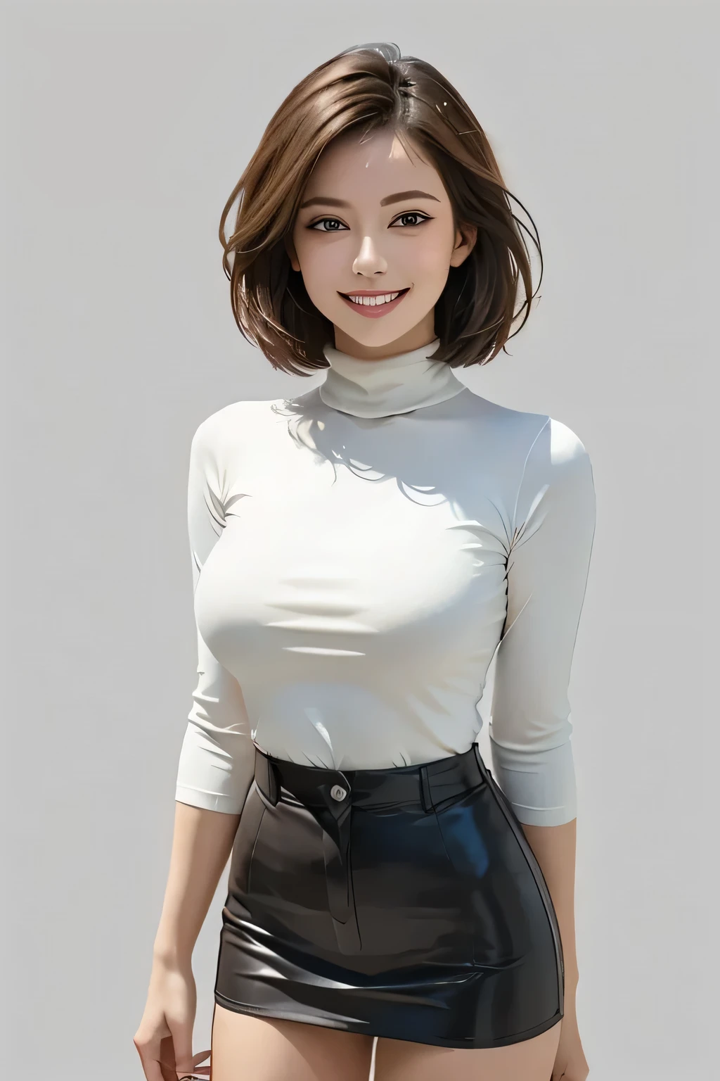 ((masterpiece)), ((Top Quality)), ((complicated)), ((surreal)), (realistic), (mature women), ((no classes)), very well detailed, 1 Girl, eyelashes, double eyelids, (beautiful teeth ), grins, brunette short hair, brown eyes, middle breasts, (red long turtleneck), (black tight miniskirt), ((thigh)), (background: Main Street), detailed background, Completely, seductive eyes, watching, Since before