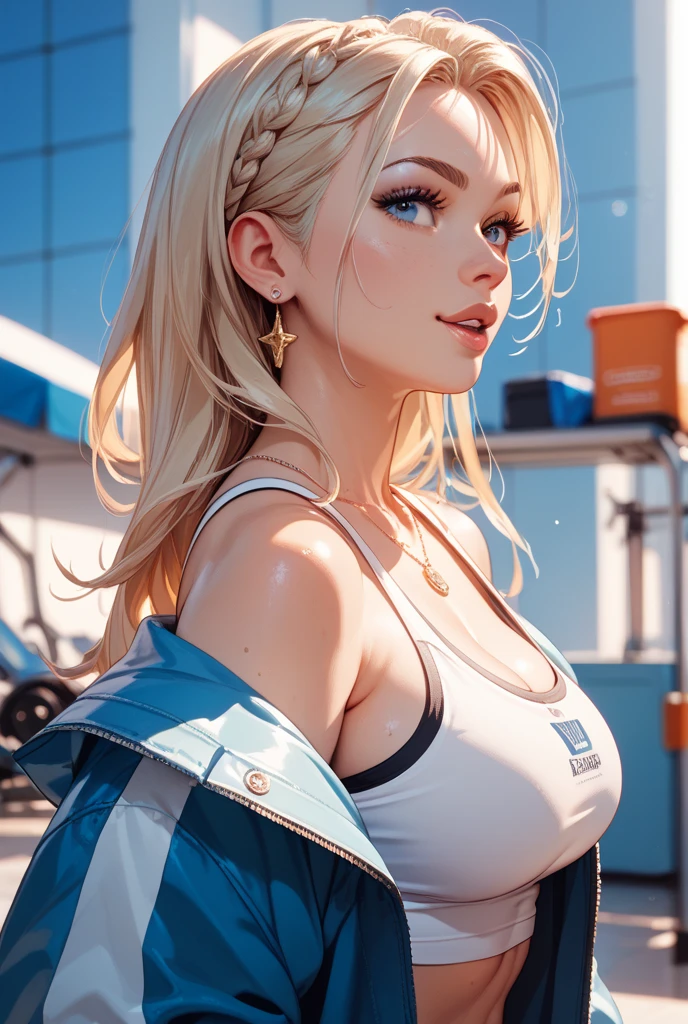 (best quality: 1.2), clean face, (masterpiece: 1.2, 8k) perfect anatomy, 1girl,a beautiful fashion model ,(masterpiece, official art, best quality  shiny hair, blonde hair with streaks in hair, full lips,  big breasts, looking at viewer, revealing outfit, absurdity, intricate details, dynamic pose, club, , wearing short shorts and a tight white top, cleavage, shiny body, thong straps, open shorts, celebrity 