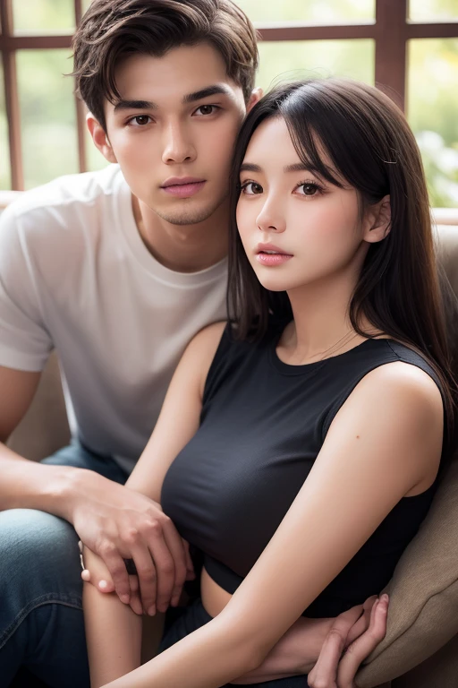 Heterosexual good looking boy and girl couple, young masculine male with short brown hair, wearing a black tank top, holding hands with a young lady with black long hair, wearing a white dress, loving couple, in love.