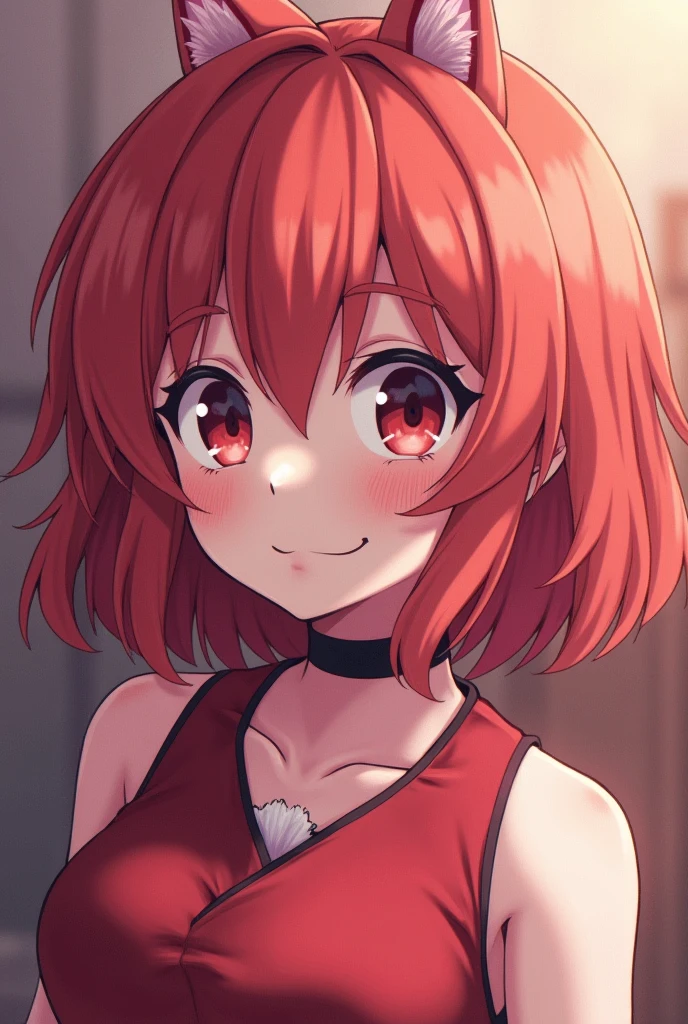A cute and cool anime-like person with red hair and mash、Her clothes are red and her skin is white.