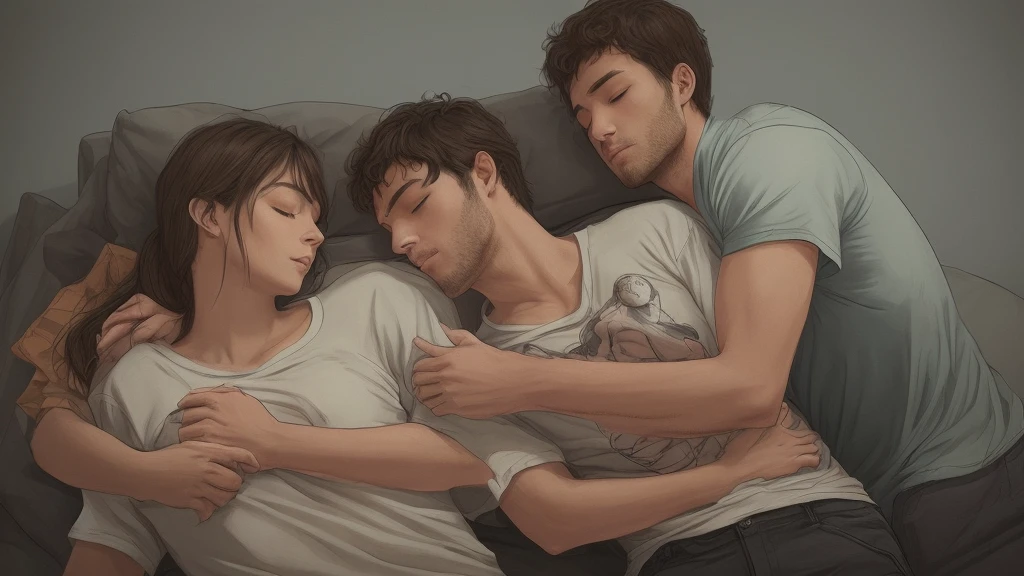 create for me a couple of man and woman sleeping hugging each other in a bed