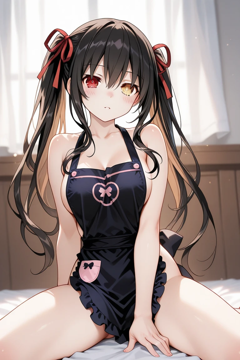 1girl with dark skin, girl, (ultimate cute face), solo, working in a cafe,
cute panties, thighhighs,
in heat, blushing, sexy expression, small breasts, dark skin, long black hair, crimson eyes, naked with big apron, cleavage, perky nipples, bunny ears,