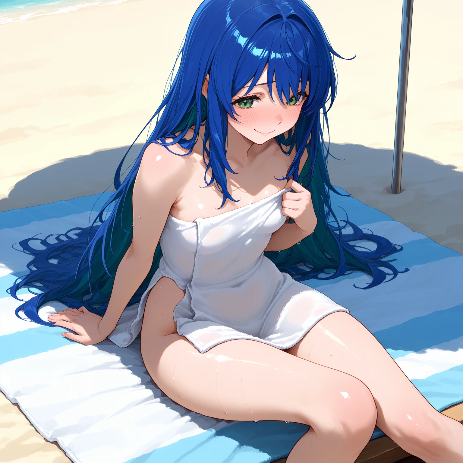 best quality, aesthetic, not sale for work, (((completedly nakedly))), (((eric pap))), (((cooze))), ((spread_legs)), beach, embarrassed, blush, sweaty, (Saki Kondo/Cinderella Nine in August), (braids her hair down into two bunches), long hair, blue hair, purple eyes