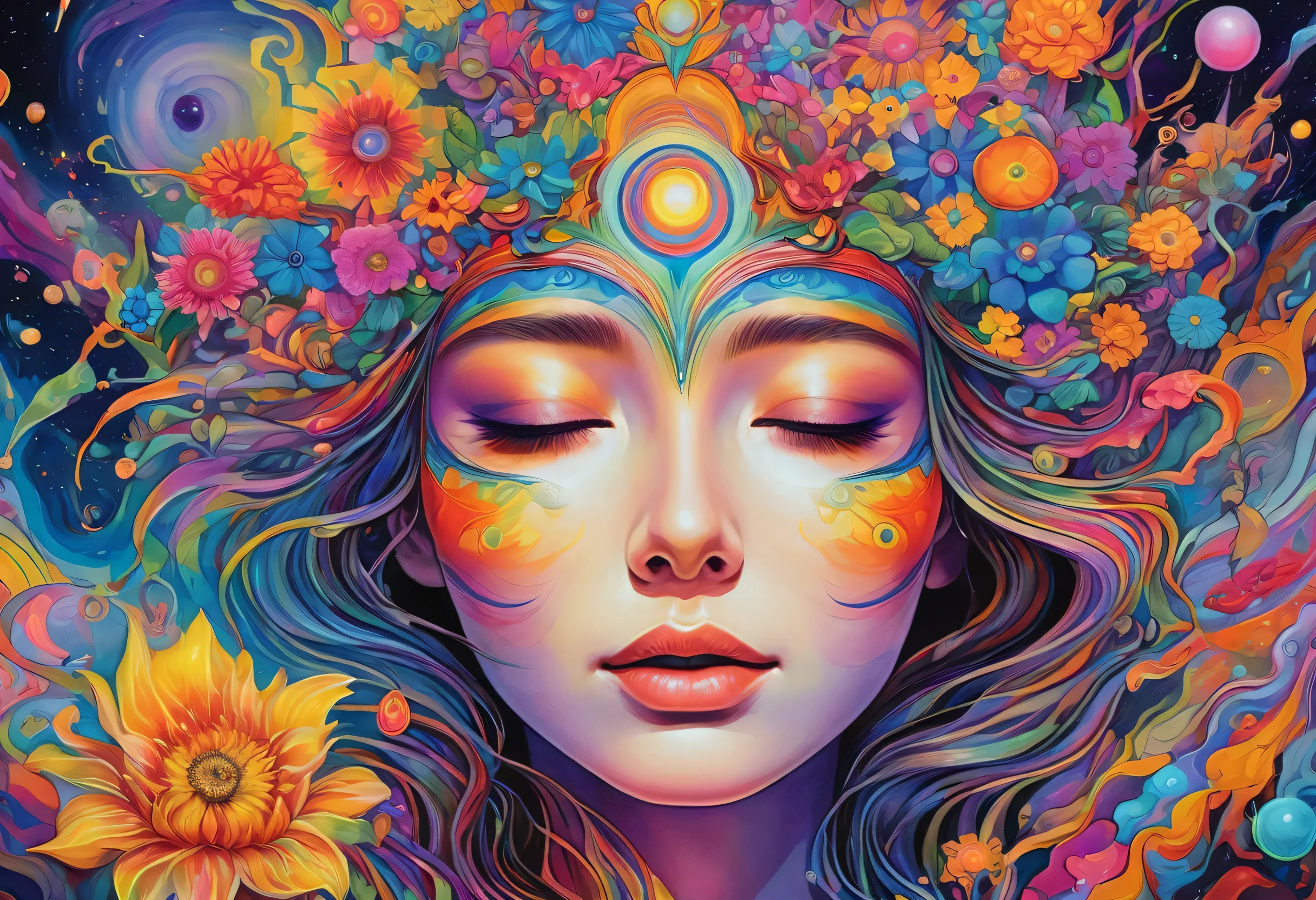 painting of a woman's face surrounded by flowers of various colors, eyes closed、 psychedelic goddess , cute、anime、dmt goddess, Psychotropic Organic Shaman , Hallucinogenic DMT, epic shamanic DMT Art, DMT Art, A complicated face, psychedelic art, Close-up of circular objects of various colors while tripping on DMT, Psychedelic , Visionary Art , Visionary Art style, colorful fog in space vortex , psychedelic LSD trip