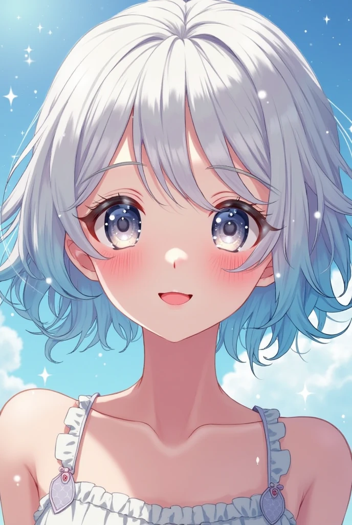 best image quality, anime style,pastel color theme, beautiful face and skin, (1 adult female), cleavage, thin face, short cut hair, blown by the wind, silver hair, glossy lipouth tightly closed))、shining eyes, slanted eyes, model pose, focus on the whole body,detailed pattern,bikini, choker, Heart-shaped background,