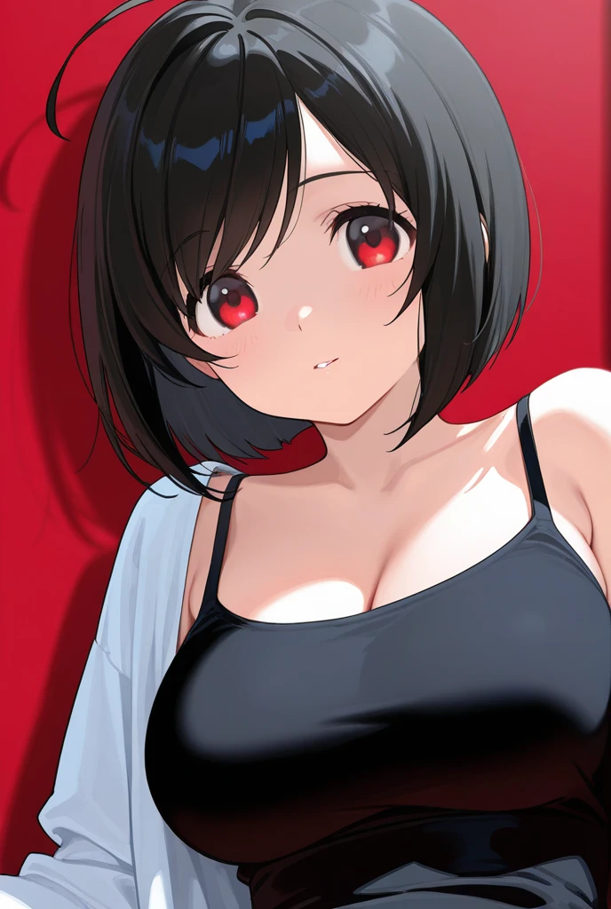 breast press, 1girl, from above, indoors, smile, sexy , (standing), black bra, black panties, short hair, glassed, red eyes, black hair, ahegao