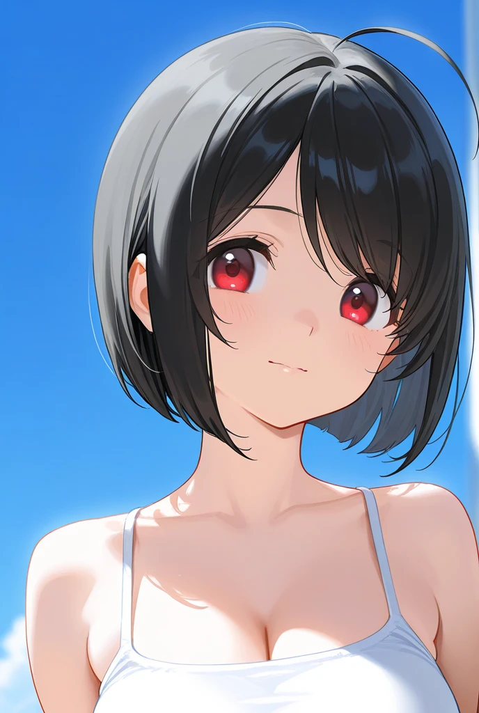 1female,Walk, wave, smile,,black hair,short hair,red eyes,looking away, half body photo,Red knit shirt, black trousers,,very big breast ,ultra detail, ultra HD