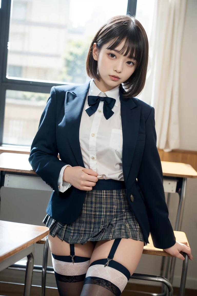 (((professional: Step by step, taking into account even the smallest details, God-level final result))):, "anime, realistic woman anime style, (aegyo sal: 1), 18 years old girl, (gray blazer, ribbon, folded miniskirt, socks, private school uniform: 1.2), high school classroom, beautiful detail in the eyes, (eye size: 3/4) light on the face, ((full body photo: 1.2 )), especially strong light, (upper eyes, smiling smile: 1.2), shiny skin, (((black hair, bob hair: 1.2))), (thick thighs), ulzzang-6500-v1.1: 0.2, bashful , (flash: 1.2), NSFW , (puffed up), ((seductive posture: 1.2, attractiveness: 1.2)), (idle), (sitting at a desk in classroom: 1.2)), ((good anatomy: 1.2) ), ((bright and refreshing classroom, blurred background: 1.2)), perfect face, cute and symmetrical face, (High Angle Shot: 1.2)s., Natural side lighting, ((8k, RAW photos, top quality, masterpieces ), High Definition RAW color photos professional close-up photos, (realistic, photorealism: 1.37), (highest quality), (best shadows), (best illustrations), Clavicles ((large)), ((erotic, sexy, ultra -high-resolution, 8K HD Unified CG Wallpapers, Physical representation, movie lighting), Canon EOS R50 camera 50mm lens"