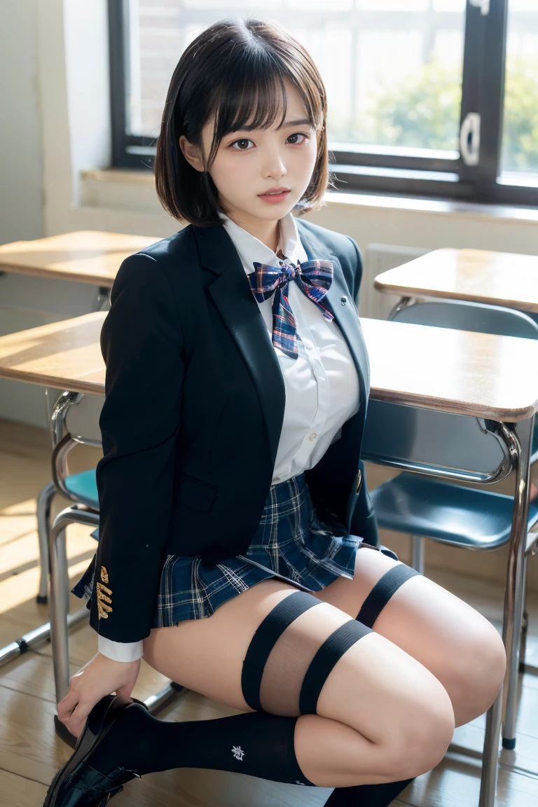 ((masterpiece)), ((best quality)), (ultra-detailed), ((extremely detailed)), 4K, (8K), best quality, (beautiful),((beautiful eyes)),Aqua shirt,(skirt),(school uniform:1.3),fullbody,(intricate panties),20 years old,(Pinkpanties),brown hair,a girl,Bob hair
